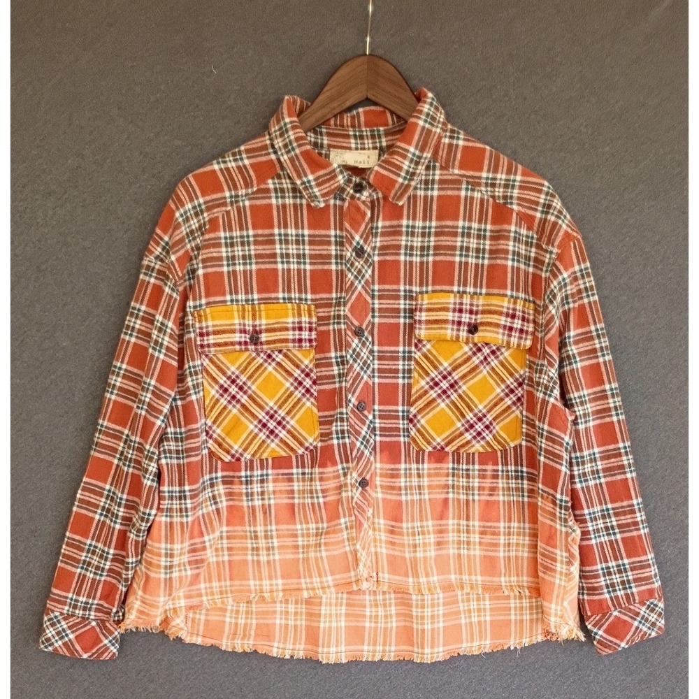 Oli & Hali Ombre Orange Plaid Dip Dye Flannel Shirt Raw Hem Size M Boho